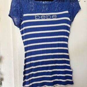 Bebe Royal Blue and White Striped Lace Tee